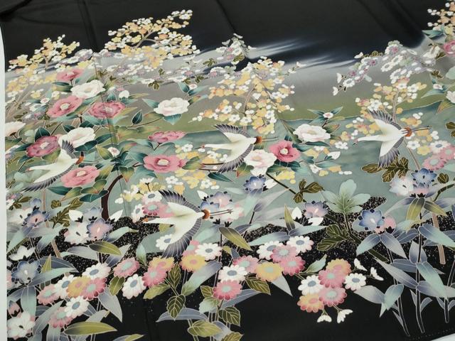 平和屋着物●豪華黒留袖 友禅 作家物 飛鶴草花文 暈し染め 正絹 逸品 CABG0205yc