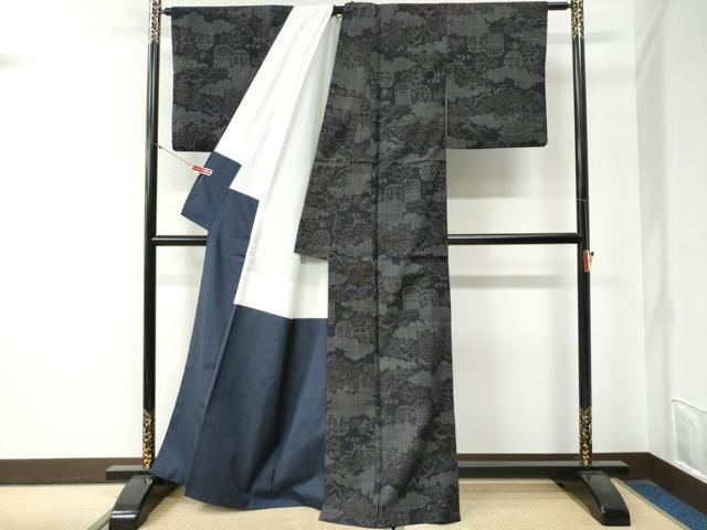 平和屋着物●結城紬 100亀甲 飛び亀甲柄 雲取り草花文 黒地 正絹 逸品 CABG0206yc