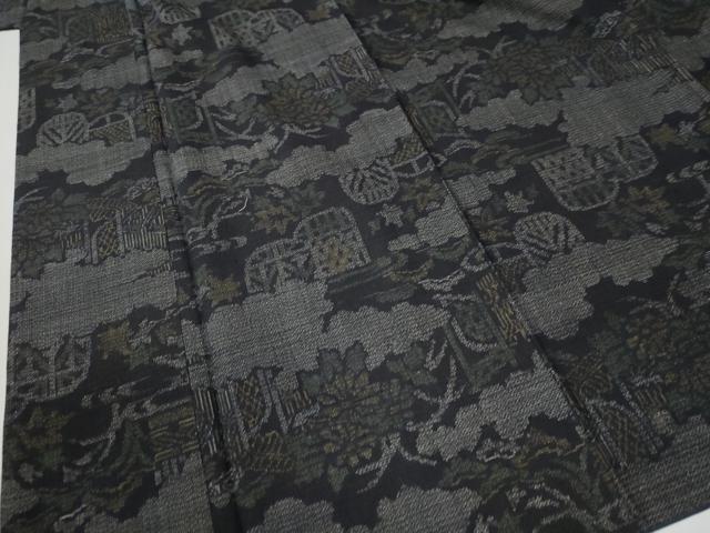 平和屋着物●結城紬 100亀甲 飛び亀甲柄 雲取り草花文 黒地 正絹 逸品 CABG0206yc
