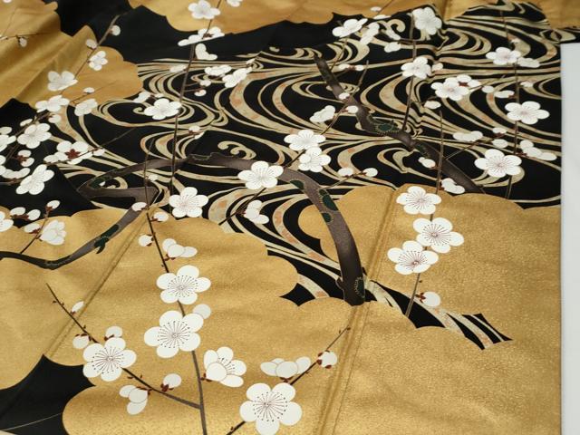 平和屋着物●豪華振袖 駒刺繍 雲取り流水枝梅文 黒地 金彩 正絹 逸品 CABG0207yc