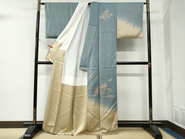 平和屋着物●訪問着 刺繍 飛鶴浜松籬草花文 暈し染め 金彩 正絹 逸品 CABG0221yc