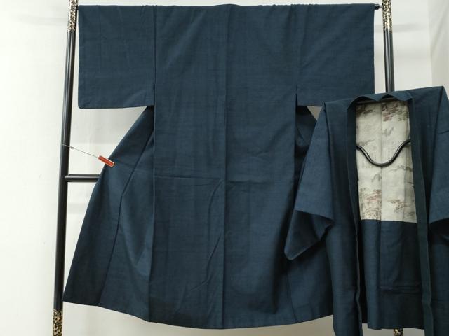 平和屋着物●男性 紬 アンサンブル 色無地 留紺色 正絹 逸品 CABG0238yc