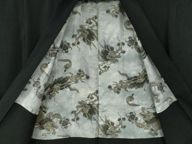 平和屋着物●男性 黒紋付 羽織セット 羽裏:龍 正絹 逸品 CABG0239yc