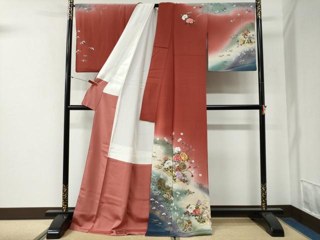 平和屋着物●訪問着 刺繍 鼓御所車草花文 暈し染め 金彩 ロング丈 正絹 逸品 CABG0255yc