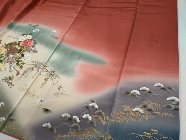 平和屋着物●訪問着 刺繍 鼓御所車草花文 暈し染め 金彩 ロング丈 正絹 逸品 CABG0255yc