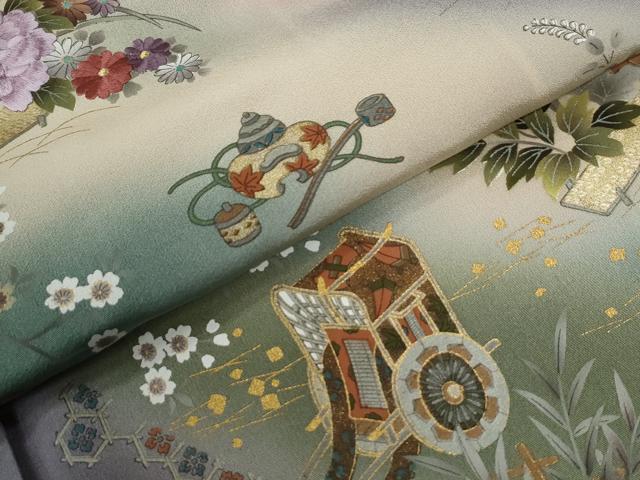 平和屋着物●訪問着 刺繍 鼓御所車草花文 暈し染め 金彩 ロング丈 正絹 逸品 CABG0255yc