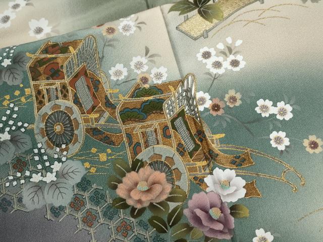 平和屋着物●訪問着 刺繍 鼓御所車草花文 暈し染め 金彩 ロング丈 正絹 逸品 CABG0255yc