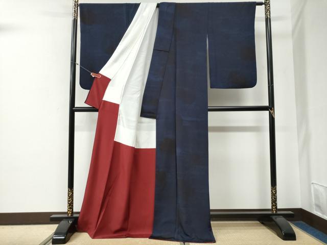 平和屋着物●上質な小紋 枝葉文 紺地 ロング丈 正絹 逸品 CABG0269yc