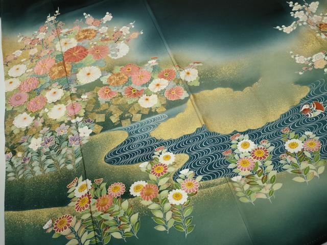 平和屋着物●京友禅の第一人者 松井青々 黒留袖 駒刺繍 雲取り流水草花文 暈し染め 金彩 正絹 逸品 CABG0278yc
