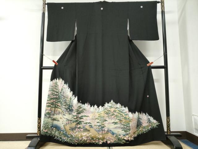 平和屋着物●豪華黒留袖 作家物 樹林鴛鴦浜松草花文 正絹 逸品 CABG0279yc