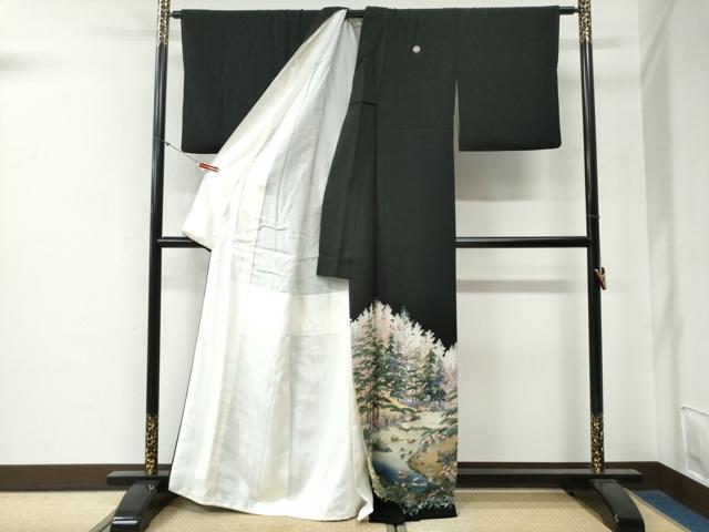 平和屋着物●豪華黒留袖 作家物 樹林鴛鴦浜松草花文 正絹 逸品 CABG0279yc