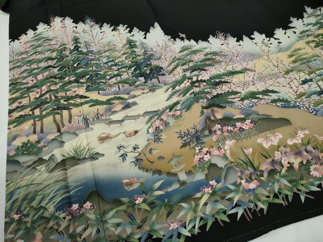 平和屋着物●豪華黒留袖 作家物 樹林鴛鴦浜松草花文 正絹 逸品 CABG0279yc