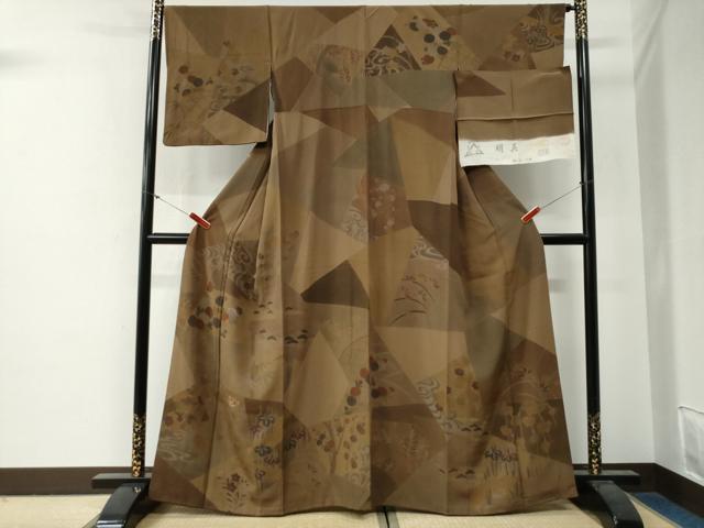 平和屋着物●訪問着 刺繍 竜田川笹竹草花文 反端付き 正絹 逸品 CABG0330yc