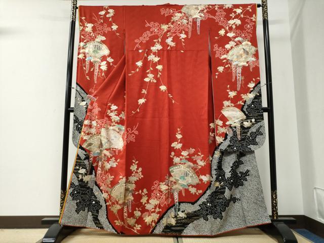平和屋着物●豪華振袖 絞り 十二単風 檜扇草花文 金銀彩 正絹 逸品 CABG0350yc