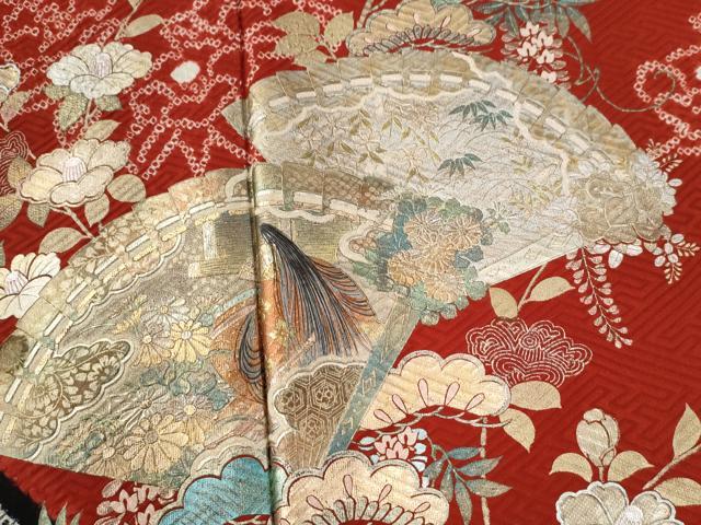 平和屋着物●豪華振袖 絞り 十二単風 檜扇草花文 金銀彩 正絹 逸品 CABG0350yc