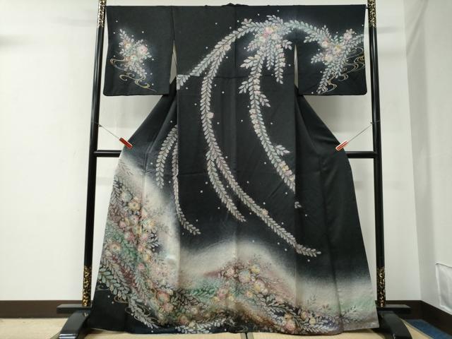 平和屋着物●訪問着 辻が花 絞り 暈し染め 黒地 金彩 正絹 逸品 CABG0352yc