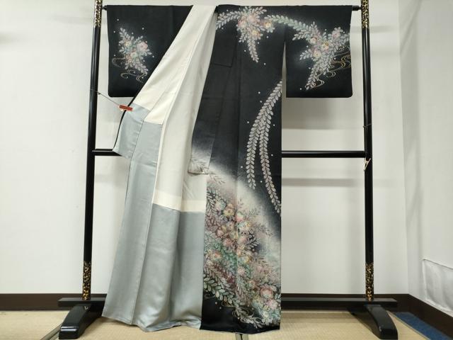 平和屋着物●訪問着 辻が花 絞り 暈し染め 黒地 金彩 正絹 逸品 CABG0352yc