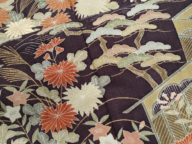 平和屋着物●訪問着 紬地 浜松草花文 金彩 正絹 逸品 CABG0365yc