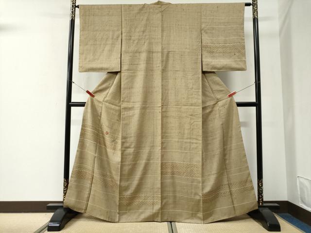 平和屋着物●訪問着 紬地 刺繍 横段吉祥溢れ松葉花文 金糸 正絹 逸品 CABG0390yc