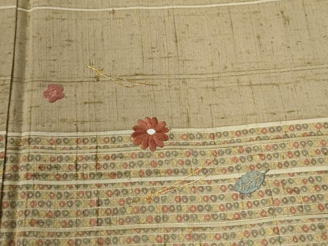 平和屋着物●訪問着 紬地 刺繍 横段吉祥溢れ松葉花文 金糸 正絹 逸品 CABG0390yc