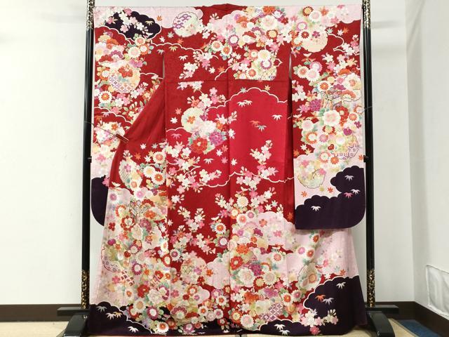 平和屋着物●豪華振袖 駒刺繍 御所車雪輪草花文 金彩 正絹 逸品 CABG0396yc
