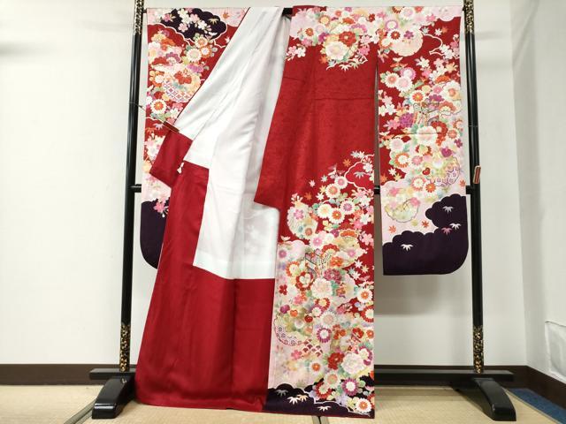 平和屋着物●豪華振袖 駒刺繍 御所車雪輪草花文 金彩 正絹 逸品 CABG0396yc