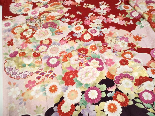 平和屋着物●豪華振袖 駒刺繍 御所車雪輪草花文 金彩 正絹 逸品 CABG0396yc