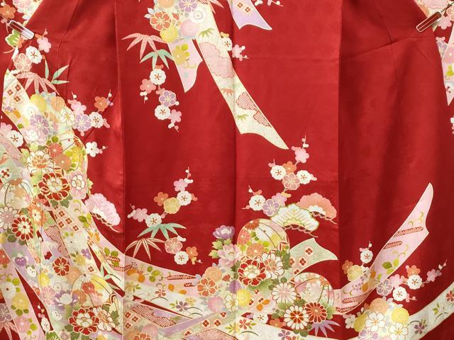 平和屋着物●豪華振袖 駒刺繍 鬘帯毬松竹梅花文 金彩 正絹 逸品 CABG0397yc