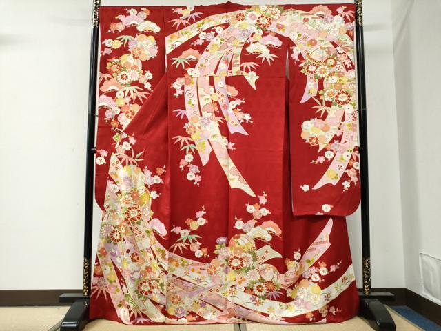 平和屋着物●豪華振袖 駒刺繍 鬘帯毬松竹梅花文 金彩 正絹 逸品 CABG0397yc