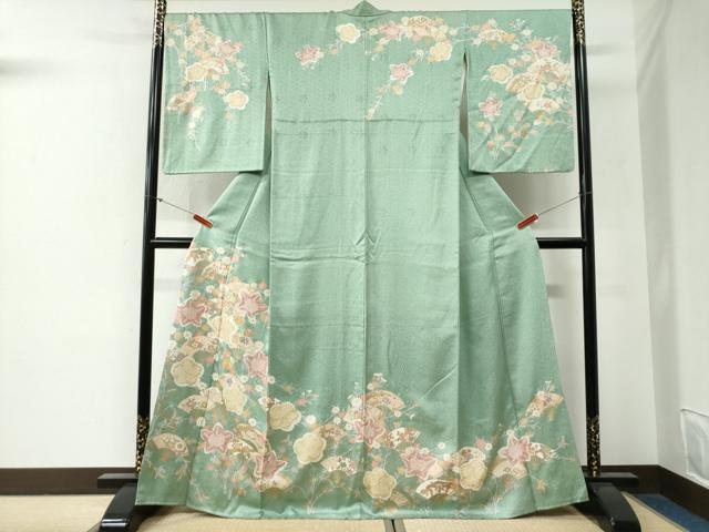 平和屋着物●訪問着 駒刺繍 扇面草花文 金彩 正絹 逸品 CABG0412yc