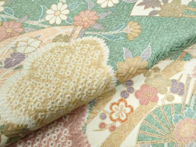 平和屋着物●訪問着 駒刺繍 扇面草花文 金彩 正絹 逸品 CABG0412yc