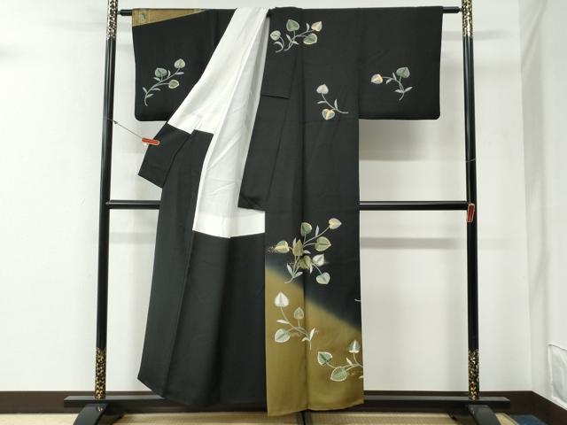 平和屋着物●訪問着 作家物 駒刺繍 葵 暈し染め 黒地 金彩 正絹 逸品 CABG0446yc