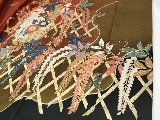 平和屋着物●豪華振袖 竹垣雪輪枝垂れ花文 金彩 正絹 逸品 CABG0451yc