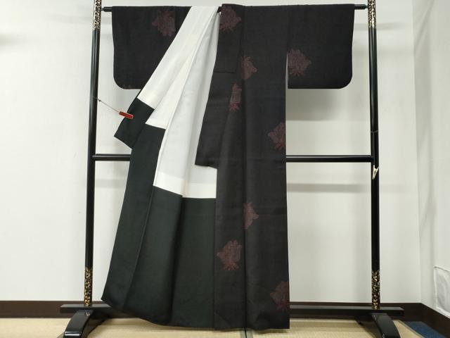 平和屋着物●結城紬 舞花文 黒地 正絹 逸品 CABG0455yc