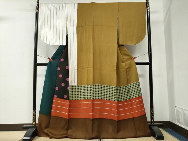 平和屋着物●訪問着 水玉 横縞 千鳥格子 ロング丈 正絹 逸品 CABG0466yc
