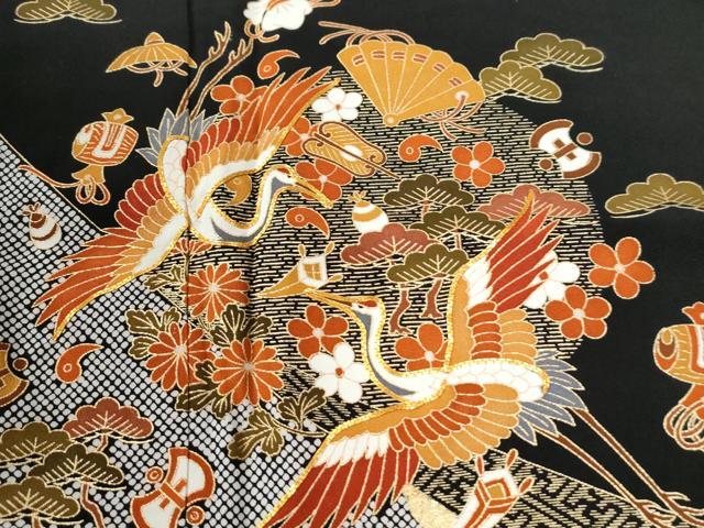 平和屋着物●豪華黒留袖 駒刺繍 鬘帯飛鶴松竹梅宝尽くし花文 金彩 三越扱い 正絹 逸品 CABG0482yc