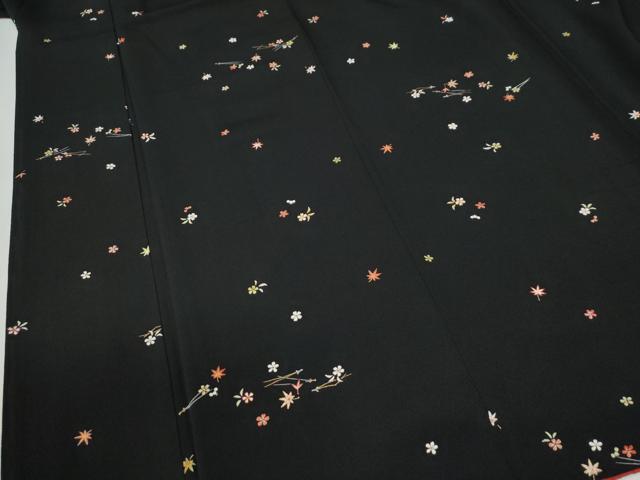 平和屋着物●上質な小紋 溢れ松葉舞桜文 黒地 金彩 鬼しぼ縮緬 正絹 逸品 CABG0497yc