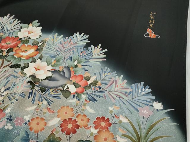 平和屋着物●豪華黒留袖 友禅 作家物 花鳥文 暈し染め 正絹 逸品 CABG0498yc