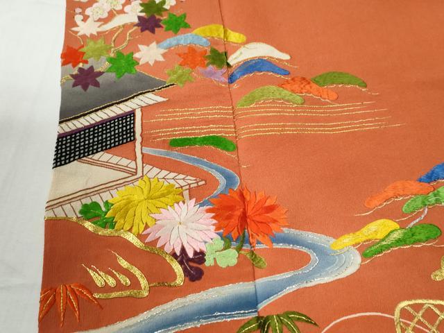 平和屋本店●アンティーク 大正ロマン 訪問着 総刺繍 駒刺繍 松竹梅籬風景文 金銀糸 正絹 逸品 CABG0499yc