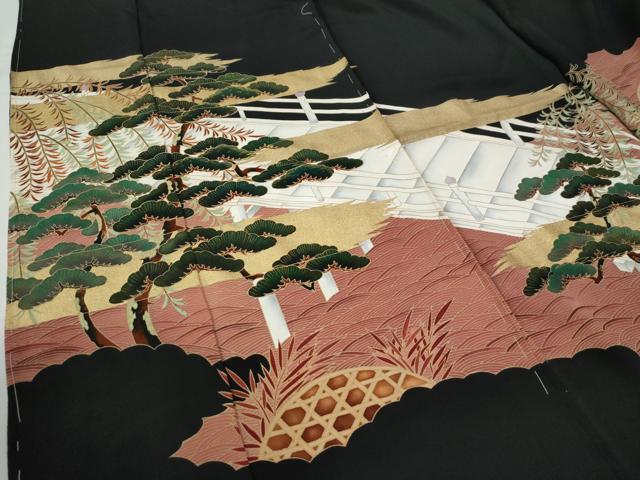 平和屋着物●豪華黒留袖 作家物 渡り橋浜松籬草花文 金彩 仮絵羽 正絹 逸品 未使用 CABG0509yc
