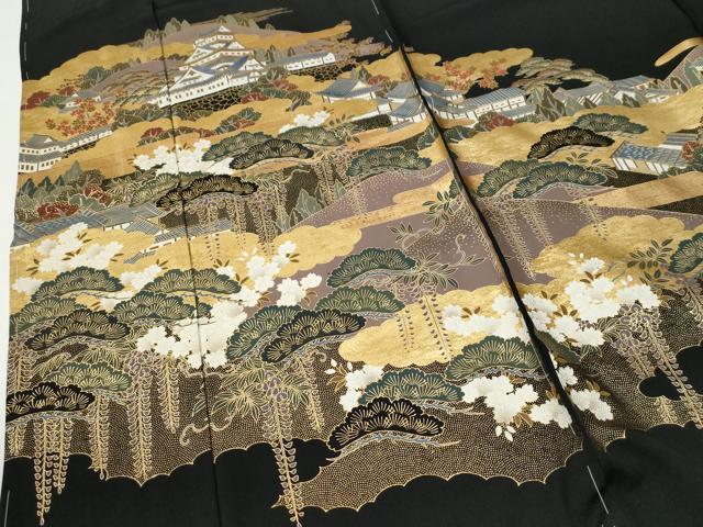 平和屋着物●高級染元 粋峰 林芳夫 京加賀友禅 黒留袖 雲取り遠山風景文 金彩 仮絵羽 正絹 逸品 未使用 CABG0513yc