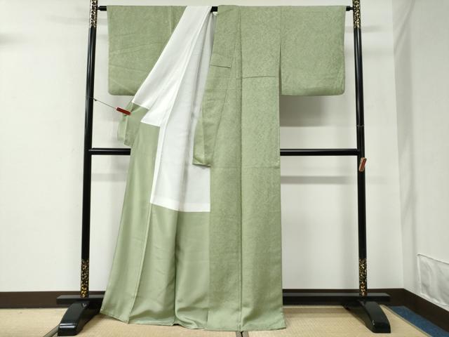 平和屋着物●上質な色無地 吉祥地紋 柳色 正絹 逸品 CABG0525yc
