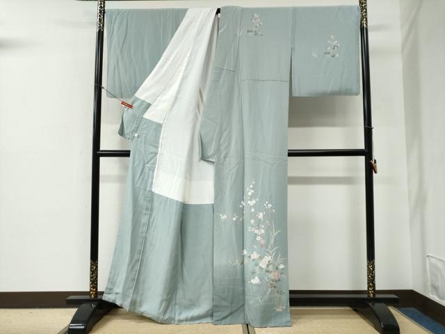 平和屋着物●訪問着 友禅 流水群鶴草花文 暈し染め 正絹 逸品 CABG0545yc