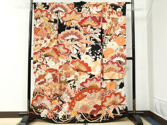 平和屋本店●アンティーク 大正ロマン 振袖 駒刺繍 檜扇吉祥松竹梅花文 黒地 金彩 正絹 逸品 CABG0576yc