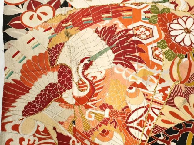 平和屋本店●アンティーク 大正ロマン 振袖 駒刺繍 檜扇吉祥松竹梅花文 黒地 金彩 正絹 逸品 CABG0576yc