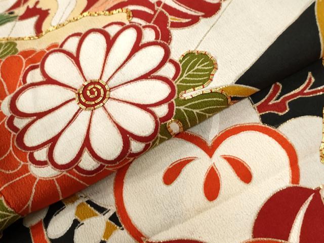 平和屋本店●アンティーク 大正ロマン 振袖 駒刺繍 檜扇吉祥松竹梅花文 黒地 金彩 正絹 逸品 CABG0576yc