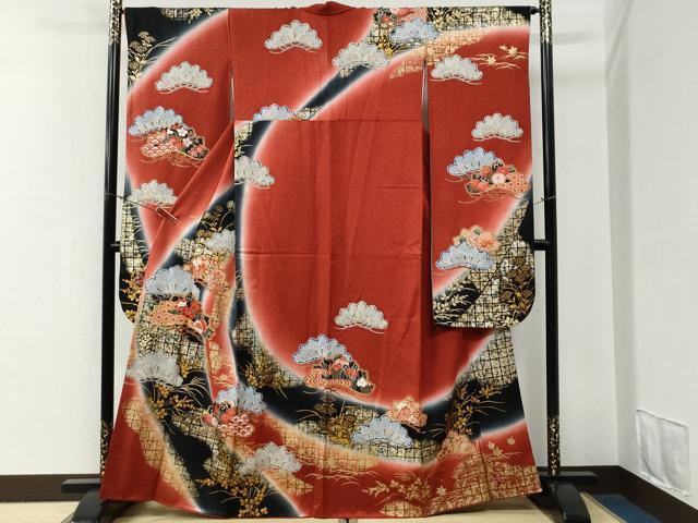 平和屋着物●豪華振袖 駒刺繍 花唐草松吉祥文 暈し染め 金彩 正絹 逸品 CABG0578yc