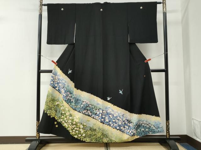 平和屋着物●豪華黒留袖 友禅 作家物 尾長鳥草花文 暈し染め 正絹 逸品 CABG0585yc