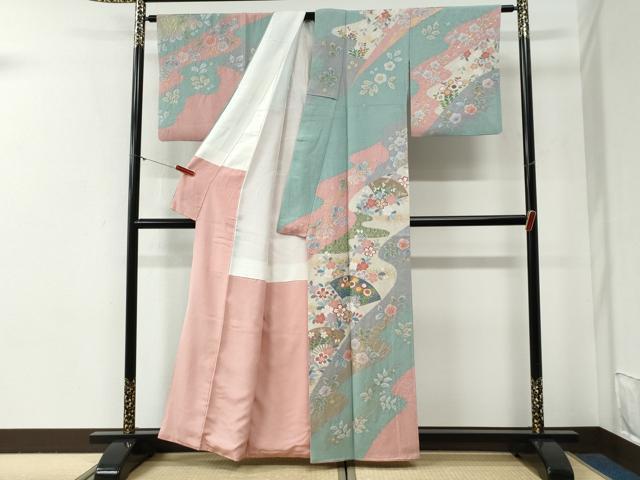 平和屋着物●訪問着 作家物 駒刺繍 絞り 扇面舞桜花文 金彩 正絹 逸品 CABG0595yc