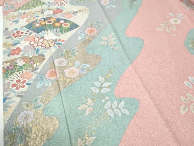 平和屋着物●訪問着 作家物 駒刺繍 絞り 扇面舞桜花文 金彩 正絹 逸品 CABG0595yc